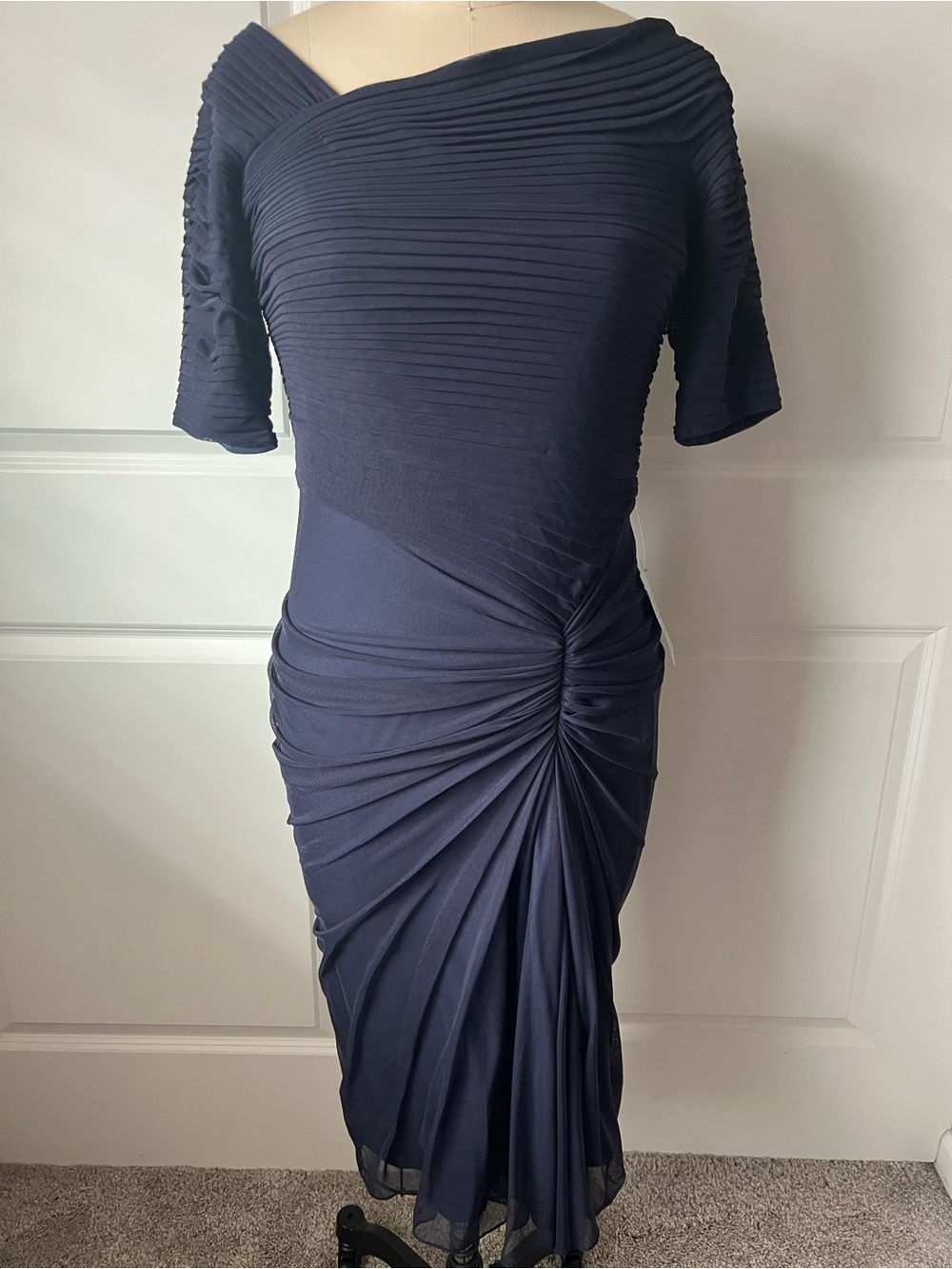 Tadashi Shoji Navy Pleated Ruched Midi Dress